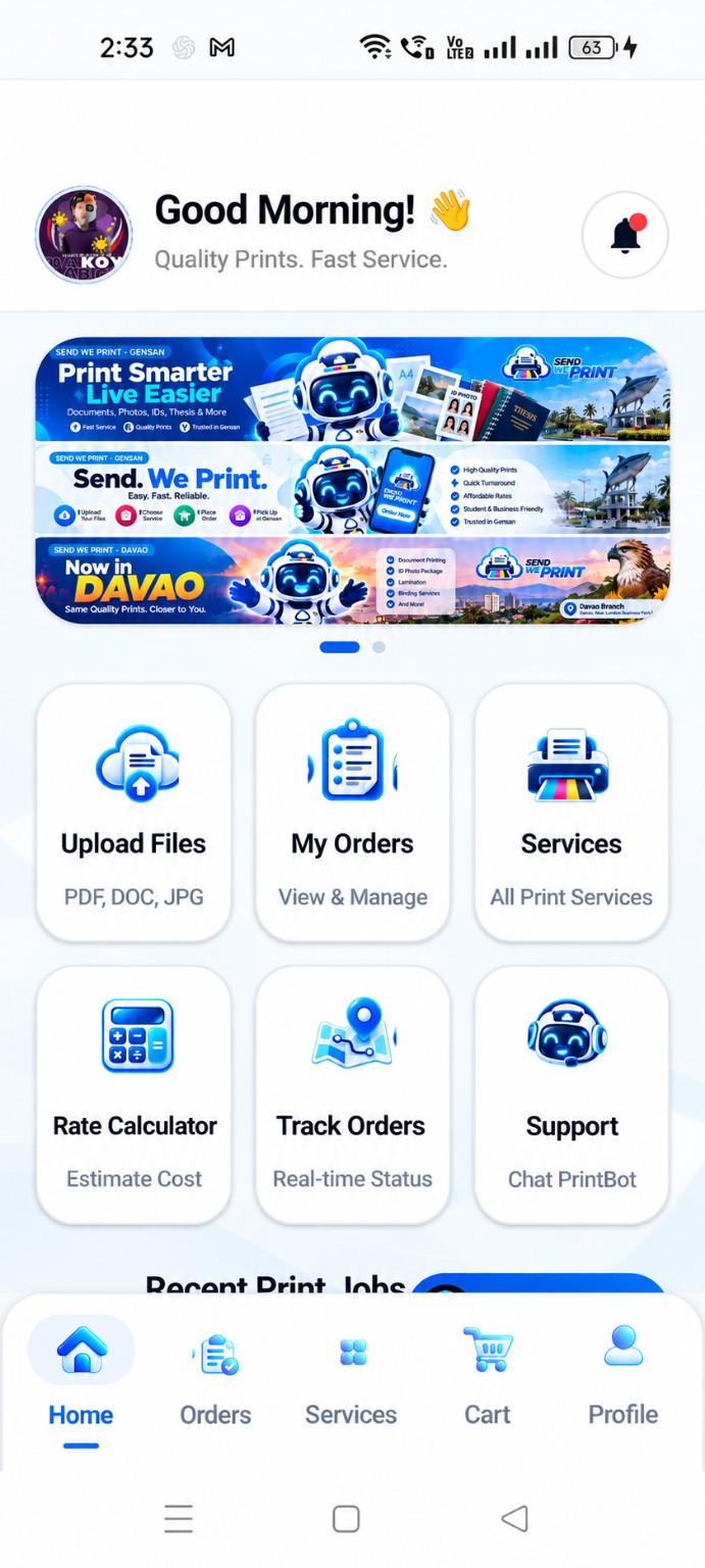 SEND WE PRINT Android app home screen